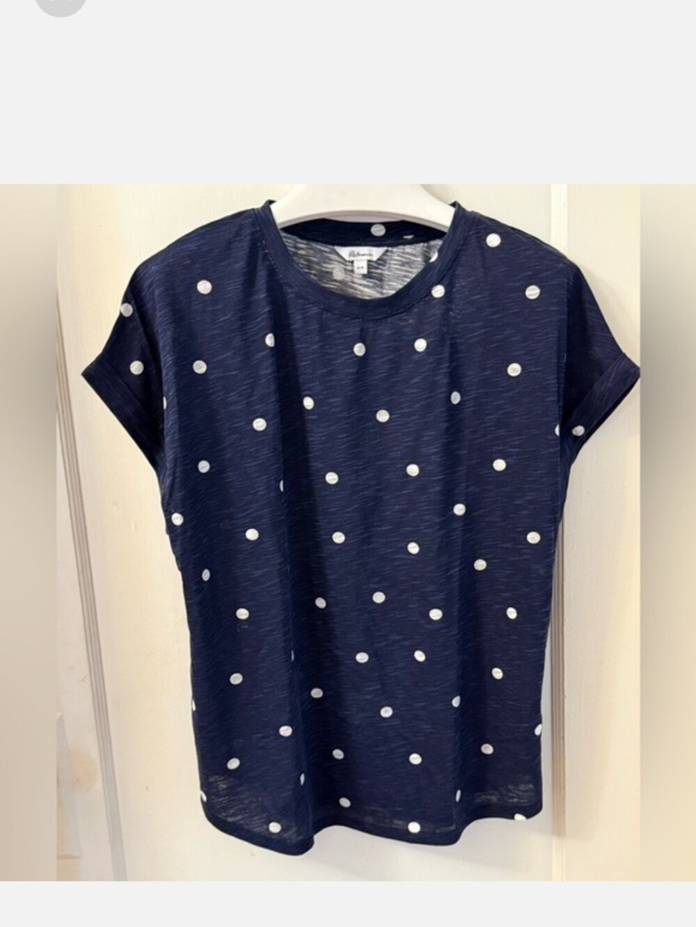 DARK BLUE COTTON BLEND SHORT SLEEVE TOP WITH WHITE POLKA DOTS